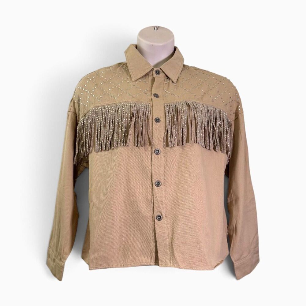 Melrose with Love Tan Embellished Fringed Studded Western Button-Up Shirt. Large